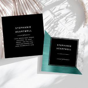 Tarjeta De Visita Cuadrada Azul Teal Moderno Metal Blanco Mármol Negro Cepill