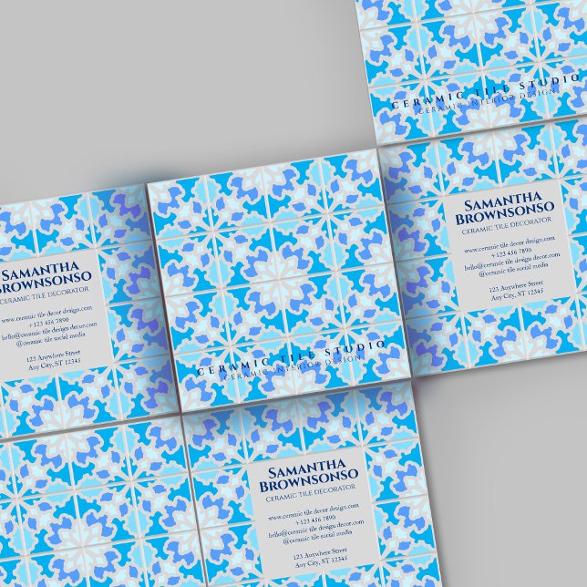 Tarjeta De Visita Cuadrada Azulejos de cerámica azul gris (Gray-Blue-Ceramic-Tile-Square-Business-Card)