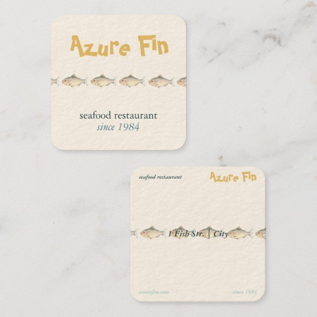 Tarjeta De Visita Cuadrada Azure Fin Coastal Fish Pattern Seafood Restaurant (Anverso / Reverso)