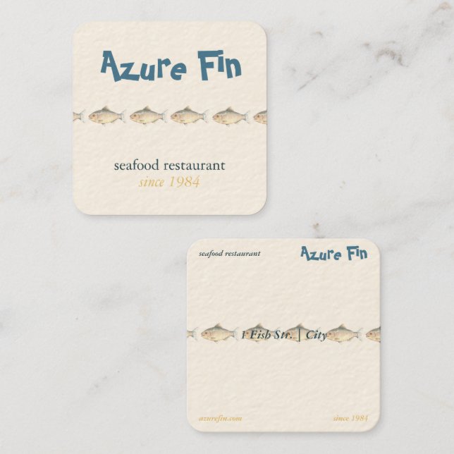 Tarjeta De Visita Cuadrada Azure Fin Coastal Fish Pattern Seafood Restaurant (Anverso / Reverso)