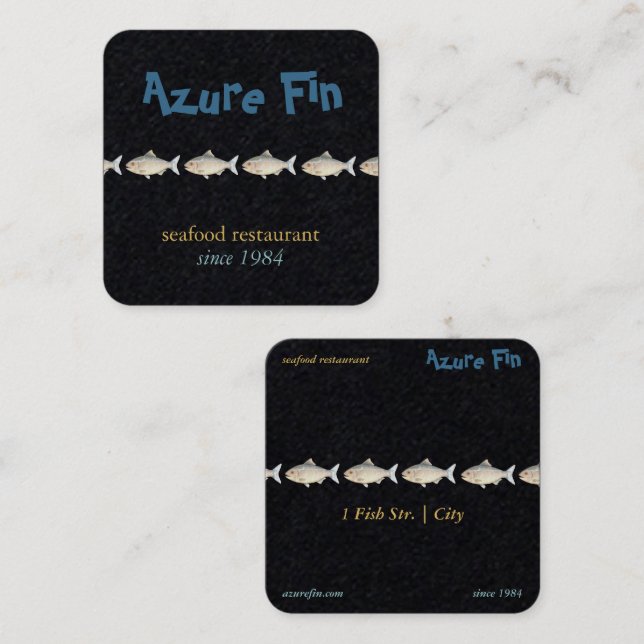 Tarjeta De Visita Cuadrada Azure Fin Elegant Black Coastal Seafood Restaurant (Anverso / Reverso)