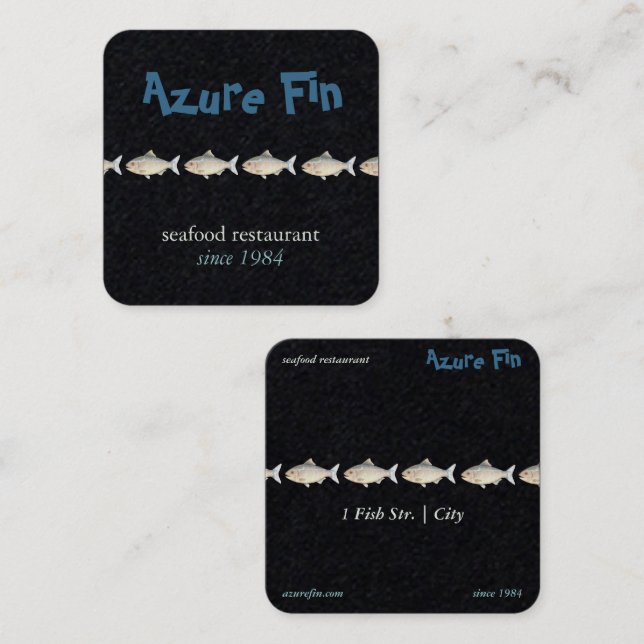 Tarjeta De Visita Cuadrada Azure Fin Elegant Black Coastal Seafood Restaurant (Anverso / Reverso)