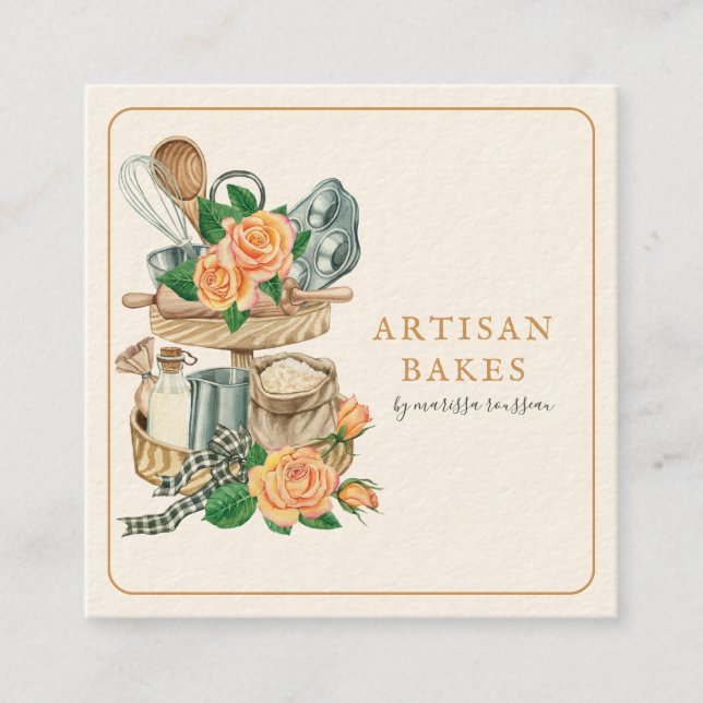 Tarjeta De Visita Cuadrada Baker Bakery Baking Utensils (Anverso)