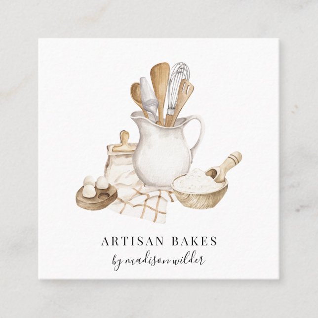 Tarjeta De Visita Cuadrada Baker Bakery Pastry Chef Watercolor (Anverso)