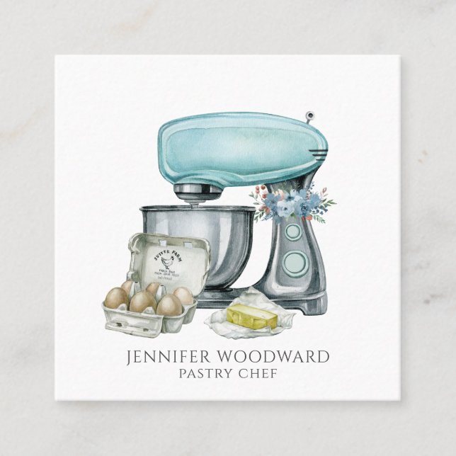 Tarjeta De Visita Cuadrada Baker Baking Watercolor Pastry Chef (Anverso)