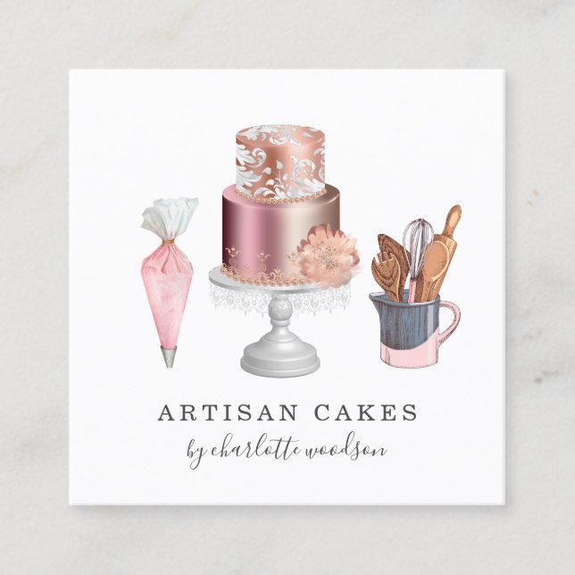 Tarjeta De Visita Cuadrada Baker Pastry Acuarela Hormigueo (Anverso)