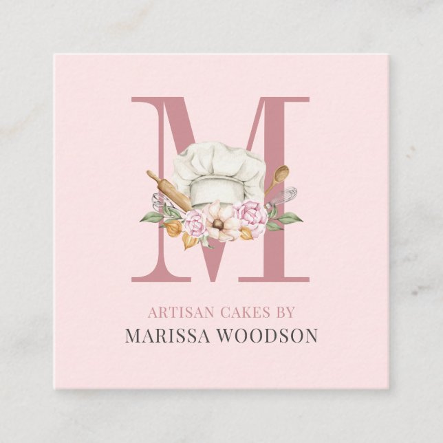 Tarjeta De Visita Cuadrada Baker Pastry Chef Bakers Herramientas Pink Square  (Anverso)