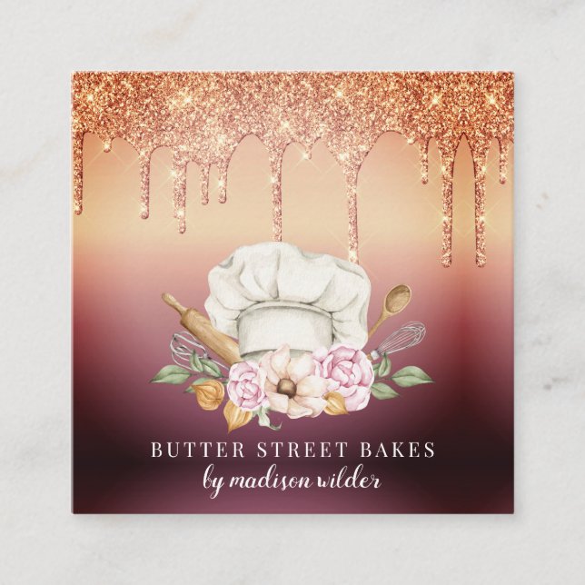 Tarjeta De Visita Cuadrada Baker Pastry Chef Purpurinas Drids Rosa Gold (Anverso)