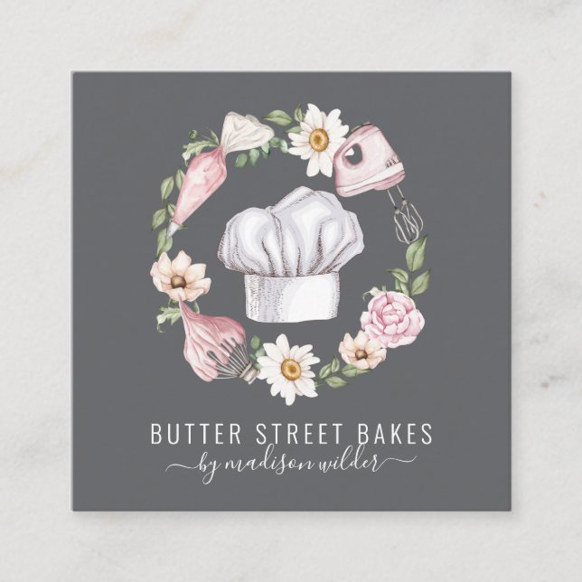 Tarjeta De Visita Cuadrada Baker Pastry Chef Watercolor Utensils Floral (Anverso)