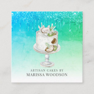 Tarjeta De Visita Cuadrada Baker Pastry Pastel Blue Green Purpurinas Dris Sq
