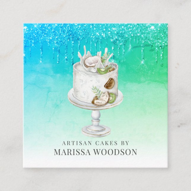 Tarjeta De Visita Cuadrada Baker Pastry Pastel Blue Green Purpurinas Dris Sq (Anverso)