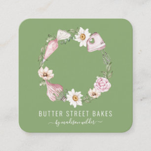 Tarjeta De Visita Cuadrada Baker Pastry Watercolor Baking Utensil Floral