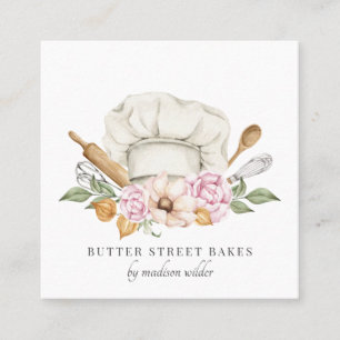 Tarjeta De Visita Cuadrada Baker Pastry Watercolor Chef Gorra Utensiers