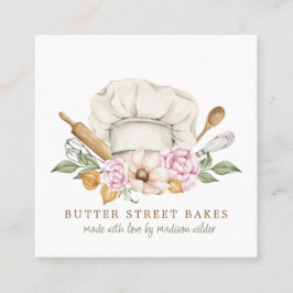 Tarjeta De Visita Cuadrada Baker Pastry Watercolor Chef Gorra Utensiers