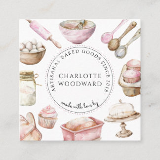 Tarjeta De Visita Cuadrada Baker Pink Watercolor Desserts Utensils 