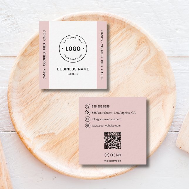 Tarjeta De Visita Cuadrada Bakery Logo QR Code Social Media Blush Pink (Bakery Logo QR Code Social Media Blush Pink Square Business Card)