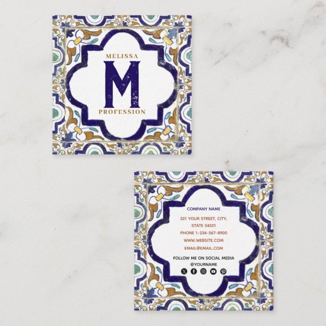 Tarjeta De Visita Cuadrada Baldosas botánicas ornamentales antiguas en los me (Anverso / Reverso)