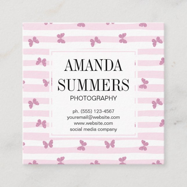 Tarjeta De Visita Cuadrada Bandas rosadas | Mariposas Purpurinas elegantes (Anverso)