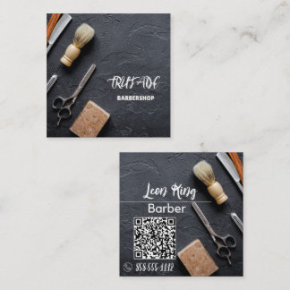 Tarjeta De Visita Cuadrada Barber Barbershop Professional QR Gray