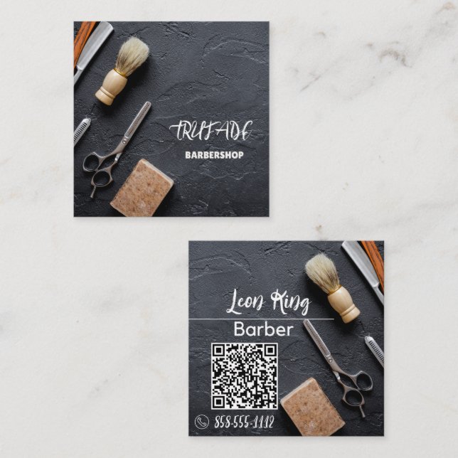 Tarjeta De Visita Cuadrada Barber Barbershop Professional QR Gray (Anverso / Reverso)