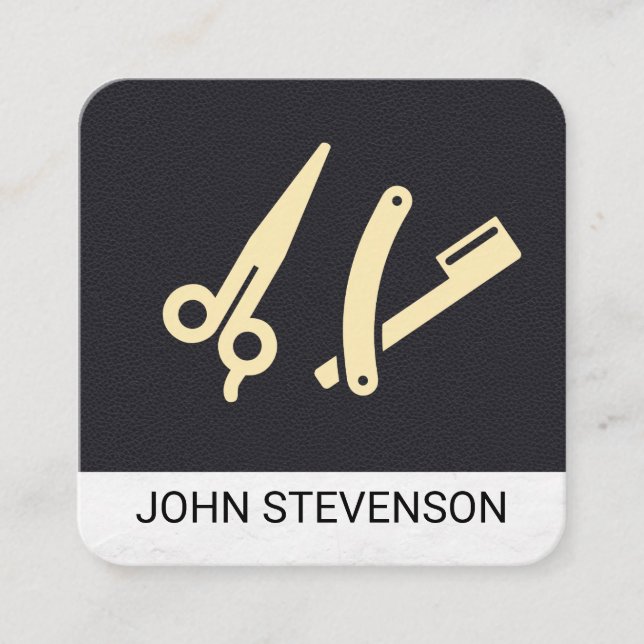 Tarjeta De Visita Cuadrada Barber Shop | Cuero | Shave and Haircut (Anverso)