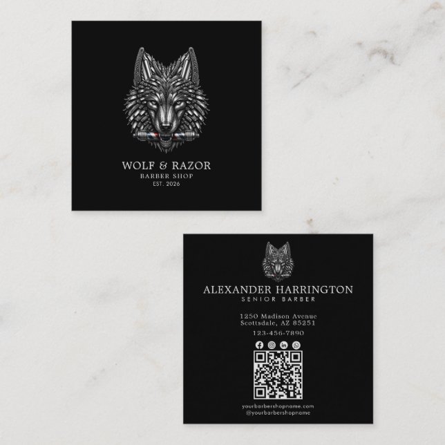 Tarjeta De Visita Cuadrada Barbería Silver Wolf Profesional Código Qr (Anverso / Reverso)