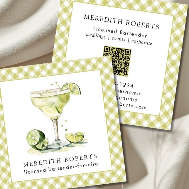 Tarjeta De Visita Cuadrada Bartender para alquilar un cóctel Margarita (Bartender Margarita Cocktail Theme Spring Green Buffalo Plaid Square Business Cards)