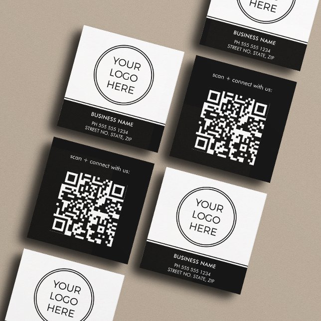 Tarjeta De Visita Cuadrada Basic Black Business Logo QR Code  (Front and back of 2.5 inch square business card. Choose a corner and paper style.)