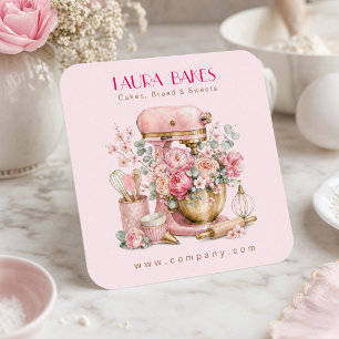 Tarjeta De Visita Cuadrada Batidora de pie floral rosa logotipo de panadería
