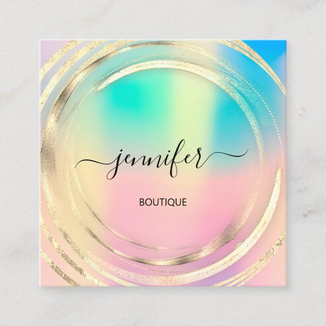 Tarjeta De Visita Cuadrada Beauty Shop Frame Gold Holographic QR Code Logo (Anverso)