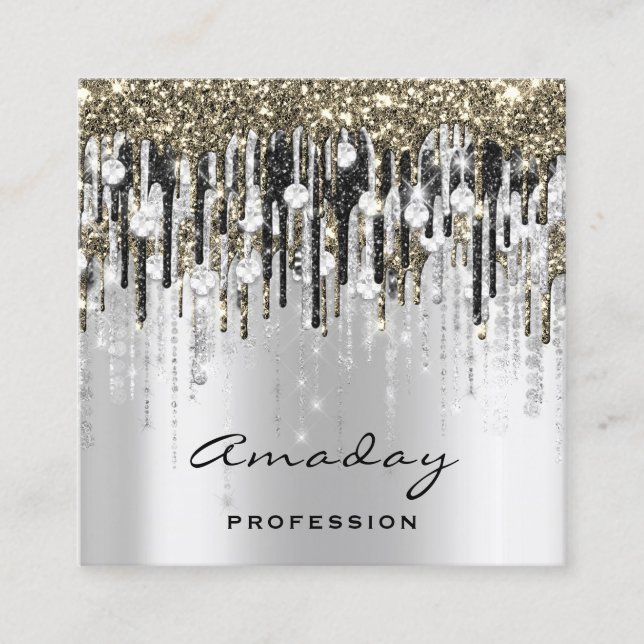 Tarjeta De Visita Cuadrada Beauty Studio Hairdresser Makeup Gray Gold Diamond (Anverso)