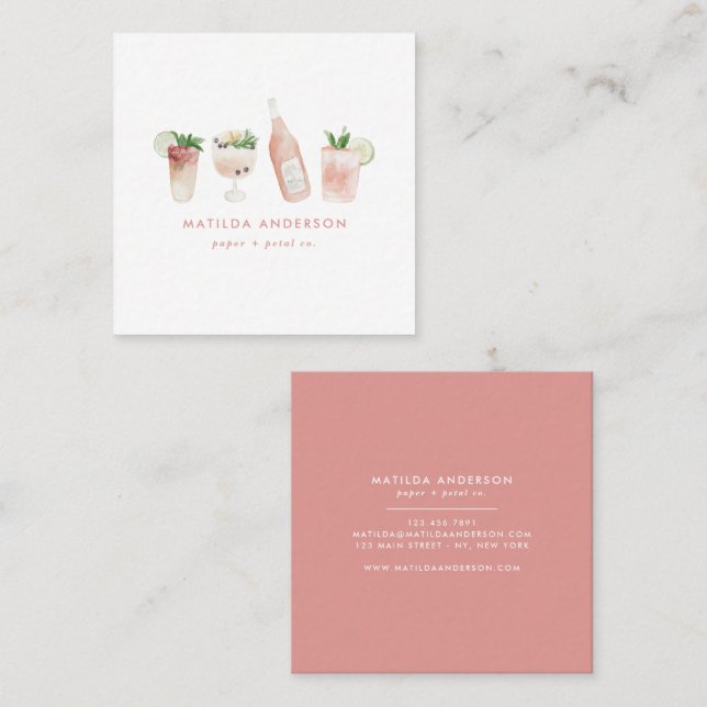 Tarjeta De Visita Cuadrada Bebidas modernas y rosadas, vino y acuarela (Anverso / Reverso)