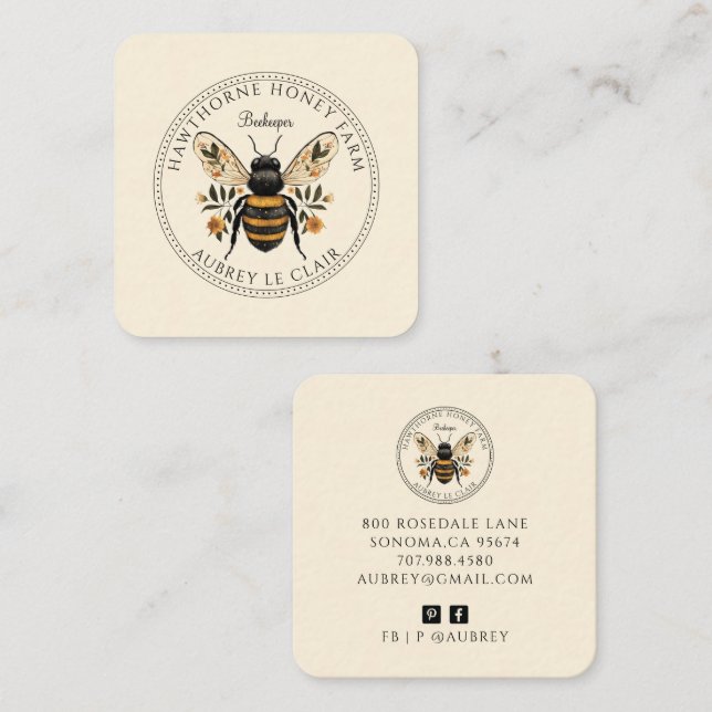 Tarjeta De Visita Cuadrada Bee Beekeeper Honey Apiary Business Card (Anverso / Reverso)