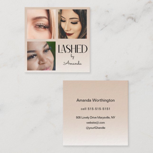 Tarjeta De Visita Cuadrada Beige Blush Lashed Minimalist Script Photo  (Anverso / Reverso)