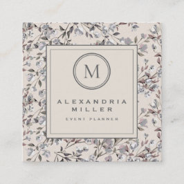 Tarjeta De Visita Cuadrada Beige Linen Elegant Floral | Monograma