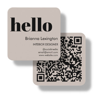 Tarjeta De Visita Cuadrada Beige QR Code Social Media Hello