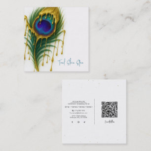 Tarjeta De Visita Cuadrada Belleza de Lujo Goteo de Oro Glam Pluma de Pavo Re