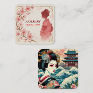 Tarjeta De Visita Cuadrada Belleza oriental Salón Geisha acuarela sakura arte