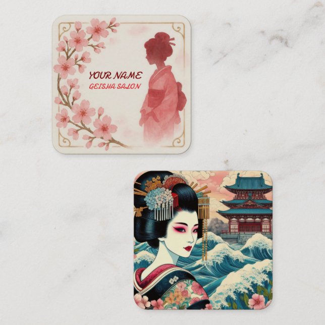 Tarjeta De Visita Cuadrada Belleza oriental Salón Geisha acuarela sakura arte (Anverso / Reverso)