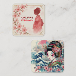 Tarjeta De Visita Cuadrada Belleza oriental Salón Geisha acuarela sakura arte