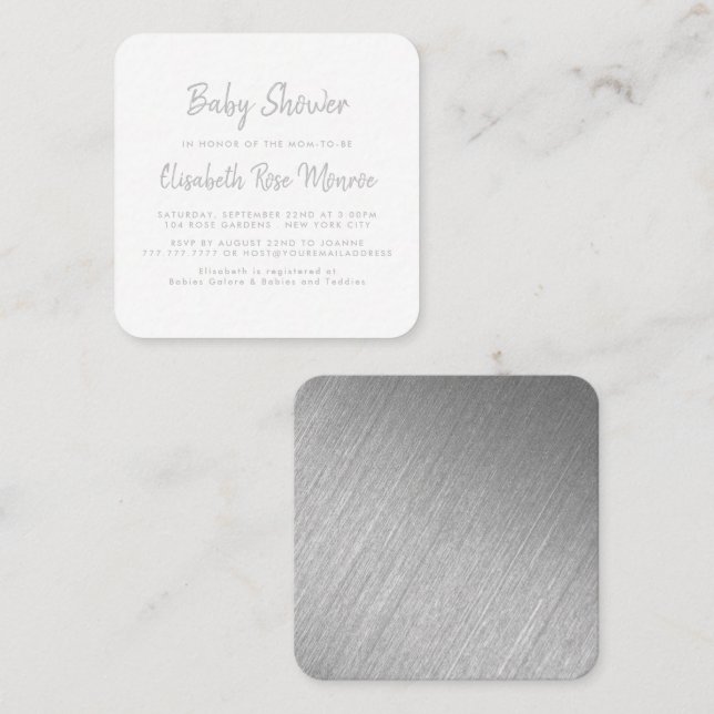 Tarjeta De Visita Cuadrada Billete Baby Shower de Relieve metalizado plateado (Anverso / Reverso)