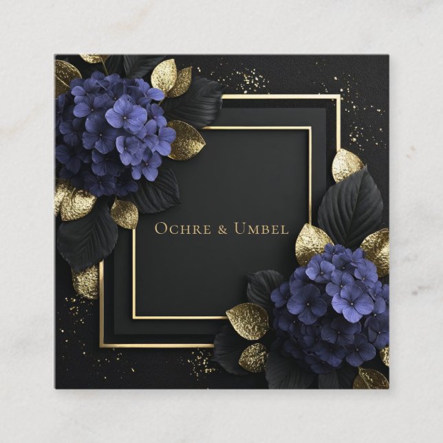 Tarjeta De Visita Cuadrada Black and Gold Floral Geometric Hydrangea (Anverso)