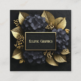 Tarjeta De Visita Cuadrada Black and Gold Hydrangea Floral Geometric Modern