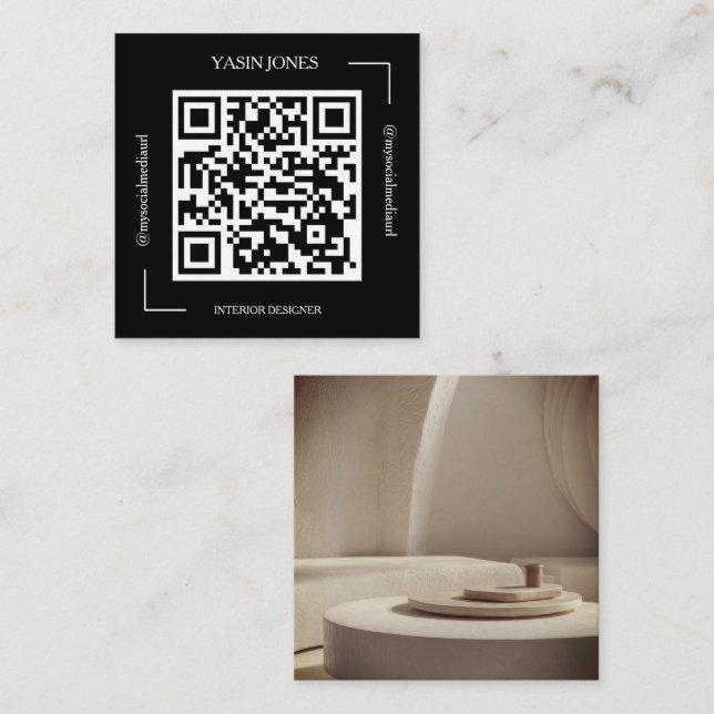 Tarjeta De Visita Cuadrada Black and White QR Code Interior Designer (Anverso / Reverso)