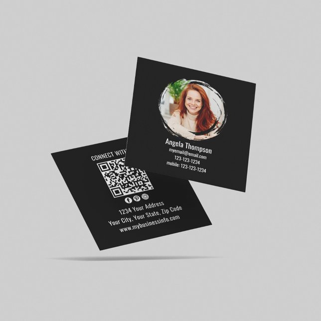 Tarjeta De Visita Cuadrada Black Connect with Me Photo QR Code  (Black and white photo business card template.)
