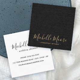 Tarjeta De Visita Cuadrada Black faux linen minimalista profesional elegante
