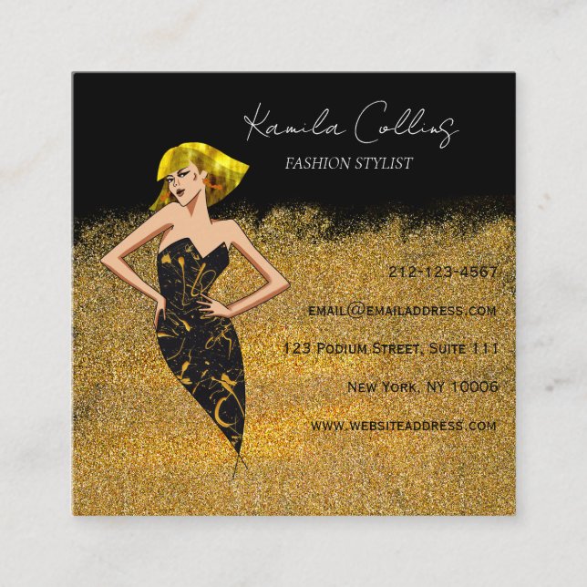 Tarjeta De Visita Cuadrada Black Gold Chica Black Dress Fashilist (Anverso)