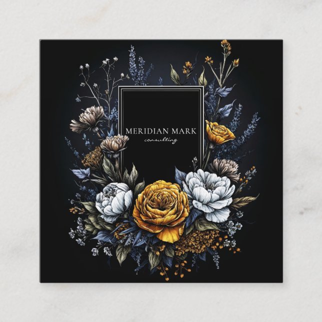 Tarjeta De Visita Cuadrada Black Gold Floral Wreath Dark Academia Elegant (Anverso)