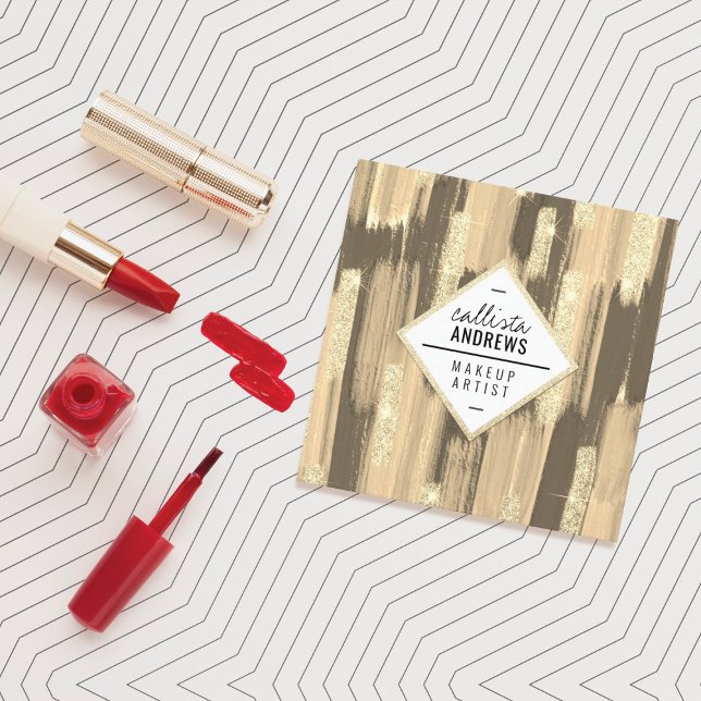 Tarjeta De Visita Cuadrada Black Gold Glitter Paint Brushstrokes Makeup (Subido por el creador)