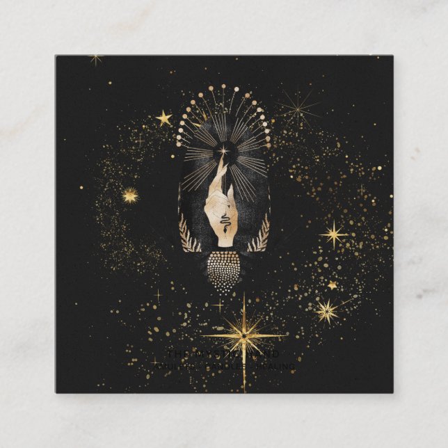 Tarjeta De Visita Cuadrada *~* Black Gold Rays Stars Mystic Hand Snake (Anverso)